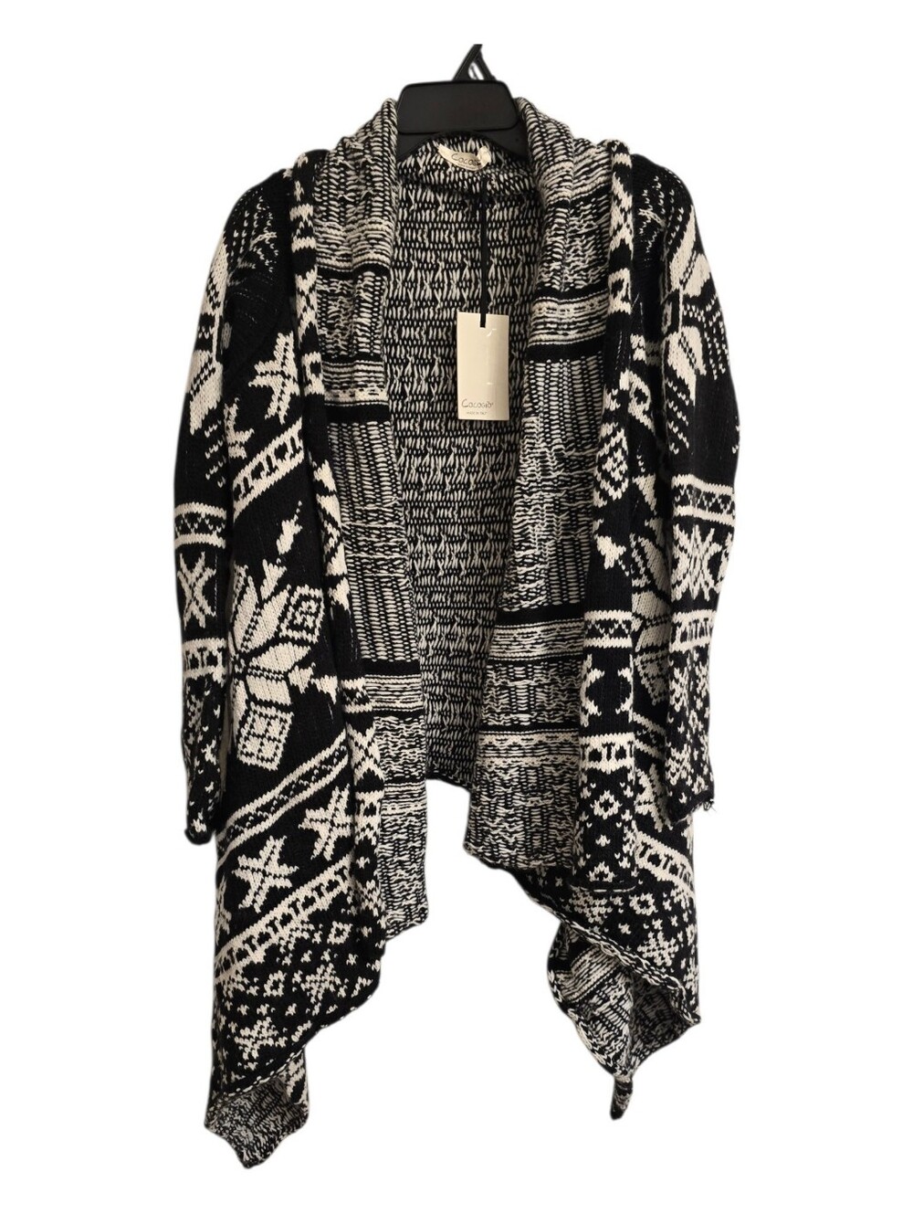 NWT! COCOGIO Tribal Black White Wool Blend Drape Cardigan Sweater Earthy S/M